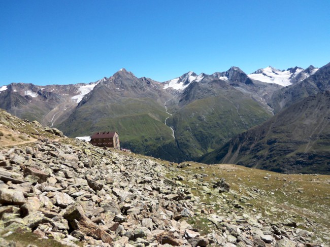 Breslauer hütte, Vratislavská chata, sestup Vent, Wildspitze, Öetztálské Alpy, Tyrolsko, Rakousko