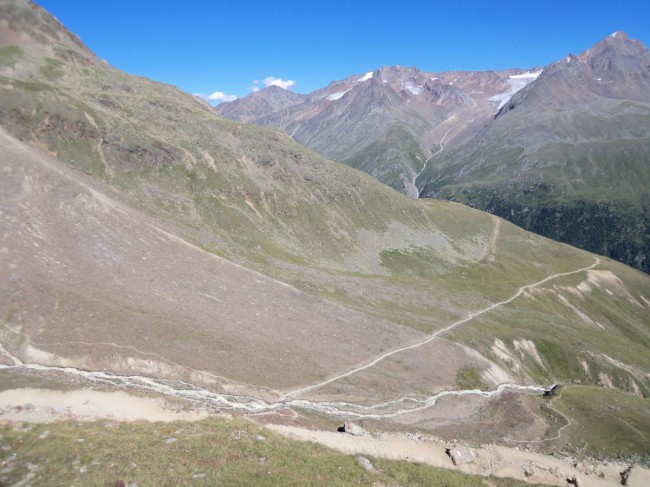 Breslauer hütte, Vratislavská chata, sestup Vent, Wildspitze, Öetztálské Alpy, Tyrolsko, Rakousko