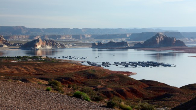 Vyhlídka Wahweap na jezero Powel, přehradu Glen Canyon, Arizona, USA